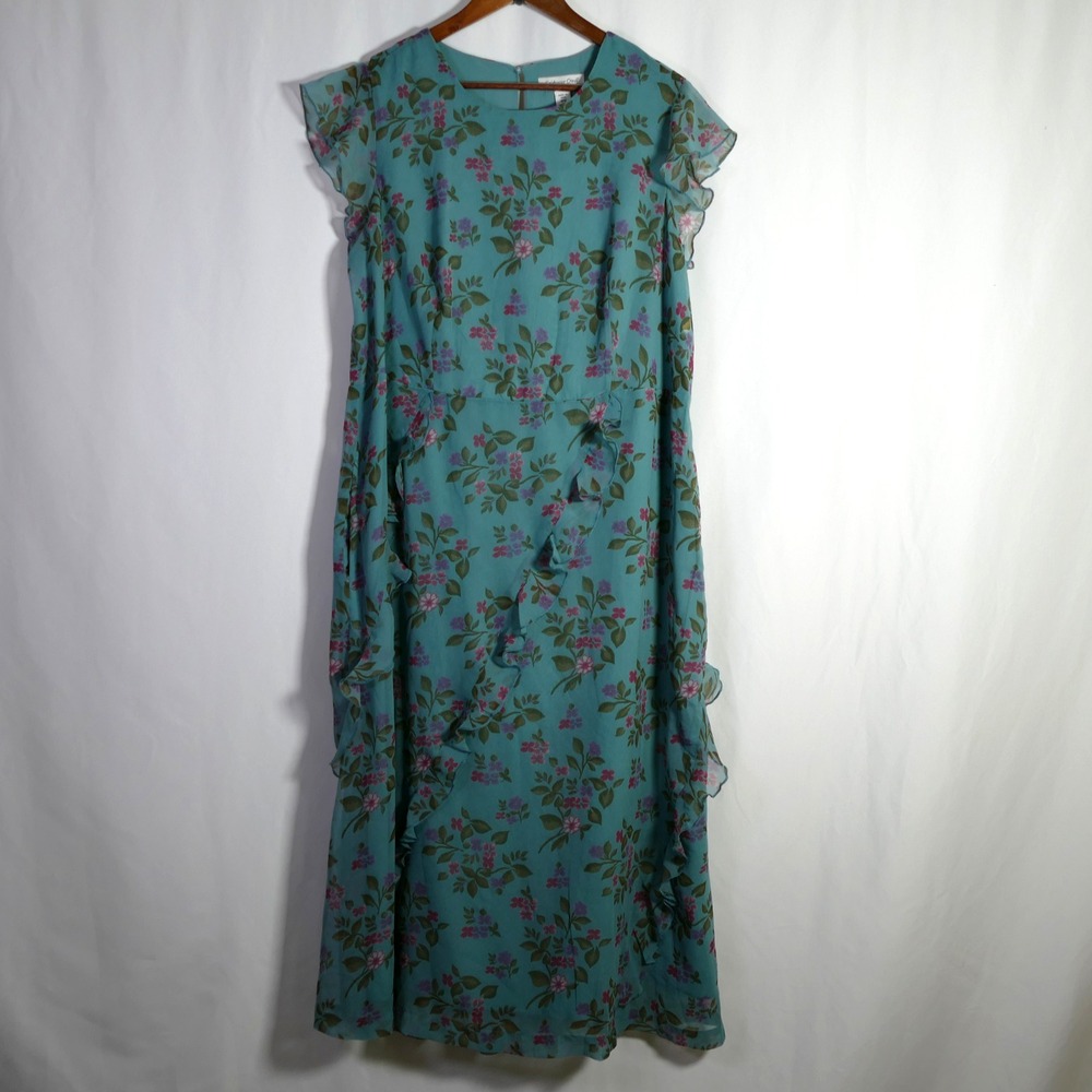 Coldwater Creek Womens Garden Floral Ruffle Midi Dress Size 18W Pockets Romantic